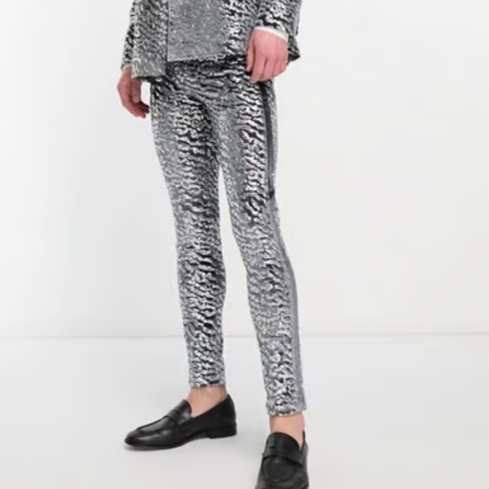 ASOS DESIGN super skinny velvet sequin  pants trouser silver gray size W38 L30